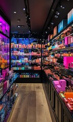 Shelves of colorful beauty products in a store.
