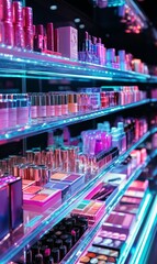 Makeup products displayed on shelves.