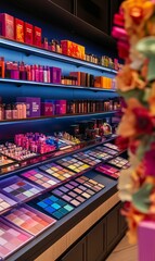 Fototapeta premium Makeup palettes and bottles displayed on shelves.