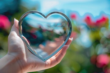 Conceptual Photo for Love and Relationship. Love Yourself. Single Person using Hand to Form a Heart Shape on the Mirror. Fill Yourself with Romance on Valentines Day