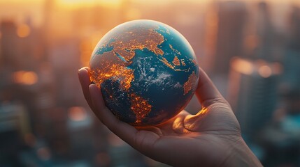 Fototapeta premium A Hand Holding a Miniature Earth Globe with City Lights