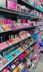 Obraz premium Makeup palettes on shelves in a store.
