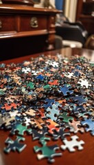 A colorful jigsaw puzzle is scattered across a wooden table, creating a visual representation of a challenge in progress.