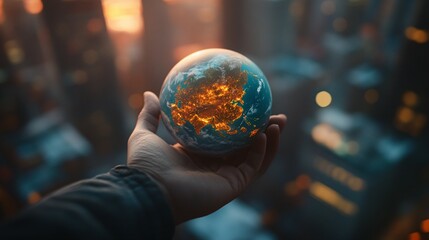 Fototapeta premium A Hand Holding a Globe with Illuminated Asia at Sunset