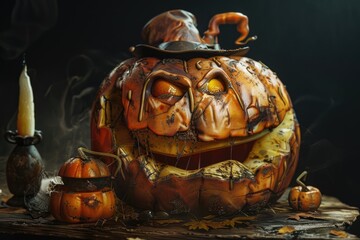 Food characters design, surreal abstract, rotten, funny food, collection, black background halloween pumpkin character