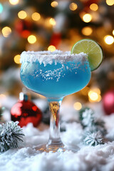 Jack Frost Margarita garnished with a lime wedge on a Christmas background