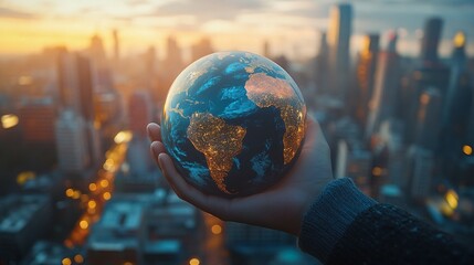 Hand Holding a Illuminated Earth Globe Against a Cityscape Background