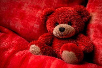 Fototapeta premium A fluffy red teddy bear sits on a red blanket, its brown eyes looking softly at the camera.