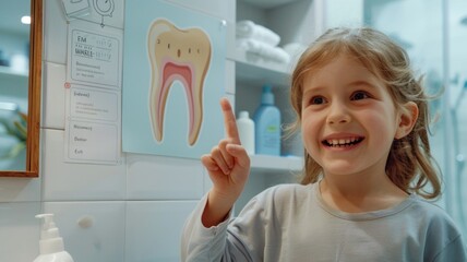 Little girl smiling and pointing at tooth diagram in bathroom,Children Dental Health Month