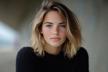 Fototapeta premium Casual portrait of a young woman with natural makeup, radiating youthful energy and sincerity, against a softly lit background, showcasing fresh beauty and simplicity.