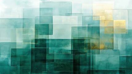 A captivating abstract artwork featuring a blend of green and gold squares and rectangles on a soft blue background, showcasing modern design elements.