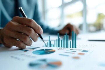 A close-up of a hand holding a pen, pointing at colorful financial charts and graphs on paper, representing data analysis and business strategy planning.