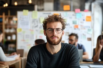 Obraz premium A professional man with glasses sits in a creative workspace environment, surrounded by ideas and colleagues, looking intently ahead. The setting is vibrant and modern.
