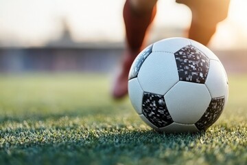 A close-up image of a classic black-and-white soccer ball on a green field, with a player's foot nearby, capturing the essence of sports and team dynamics.