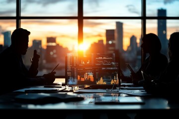 A business team collaborates on financial data analysis in a conference room with a stunning sunset city view, reflecting determination and strategic planning.
