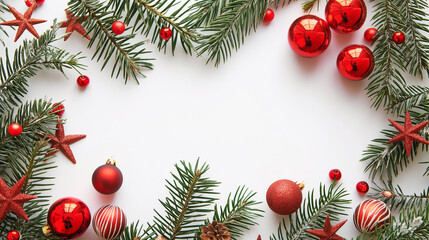 Red Christmas Ornaments and Pine Branches on White