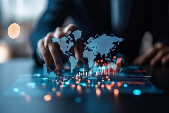 A businessperson interacts with a digital world map projection, featuring colorful data charts, illustrating global business analytics and trends. - Powered by Adobe