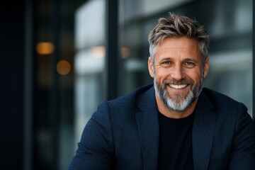 Obraz premium A confident man with a beard, dressed in a blazer, smiles warmly in an urban setting, reflecting approachability, style, and contemporary charm.