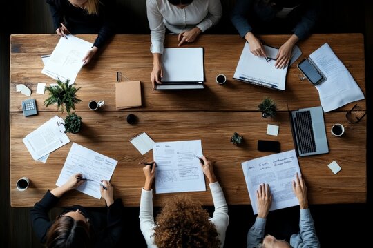A diverse group of professionals engaged in teamwork around a wooden table, featuring laptops, papers, and small plants in a modern office space.