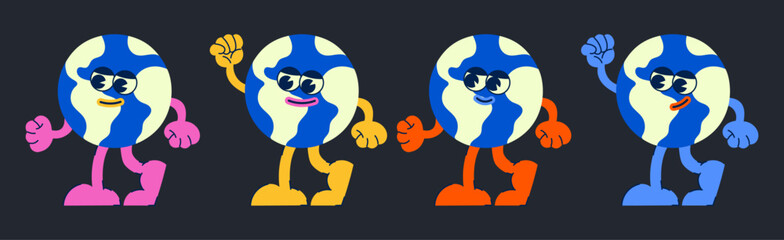 Cartoon retro character planet earth planet mascot, and gloved hands. Stickers with a cute and happy character, 90s style. Helper vector set
