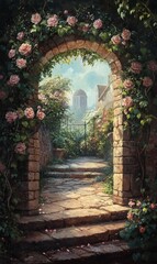 Fototapeta premium Stone steps, roses, archway, garden, cityscape.