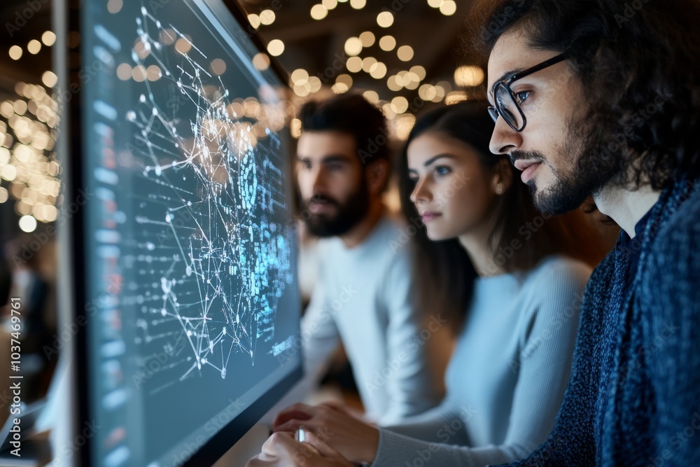 Poster a diverse team concentrates on a large screen displaying intricate data analyses, reflecting teamwor