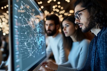 A diverse team concentrates on a large screen displaying intricate data analyses, reflecting teamwork and advanced technological environments in bustling workplaces.