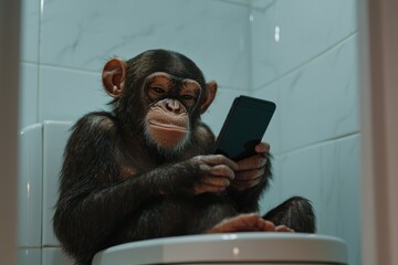 Cheeky Monkey Relaxing on Toilet with Phone