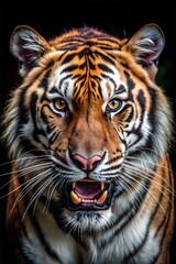 Fototapeta premium The tiger stares directly at the viewer, displaying its formidable presence with vivid orange and black stripes, set against a dark, natural backdrop. Generative AI