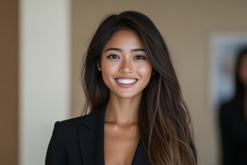 Fototapeta premium A professional woman wearing a black suit smiles warmly at the camera, exuding confidence in a professional environment, suggesting approachability and success.