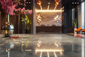 Obraz premium A glossy marble table reflects warm, ambient lighting with pink flowers in a vase nearby. Concept of elegance and tranquility. For interior design portfolios