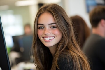 Obraz premium A young woman with long hair smiles confidently at the camera in a well-lit office setting, suggesting a positive and professional work environment.