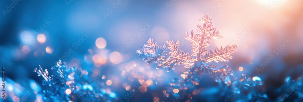 Poster delicate snowflakes glimmer with light in a tranquil winter setting, creating a mesmerizing, etherea