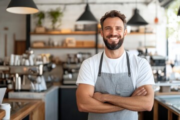 A friendly barista with a beard smiles confidently, standing with crossed arms in a cozy cafe environment, reflecting hospitality and expertise.