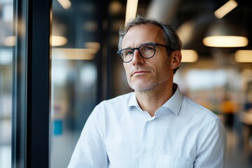 Fototapeta premium A thoughtful man wearing glasses gazes pensively out of a window in a modern office setting, conveying contemplation and visionary ideas.