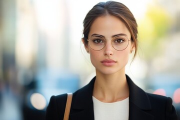 Fototapeta premium A young professional woman standing on a bustling city street, wearing glasses, exudes confidence and poise, with a blurred urban backdrop behind her.