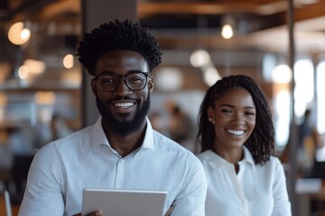 Two happy coworkers candidly smile while holding tablets in a lively, open-plan office space, highlighting teamwork, camaraderie, and a collaborative work culture.