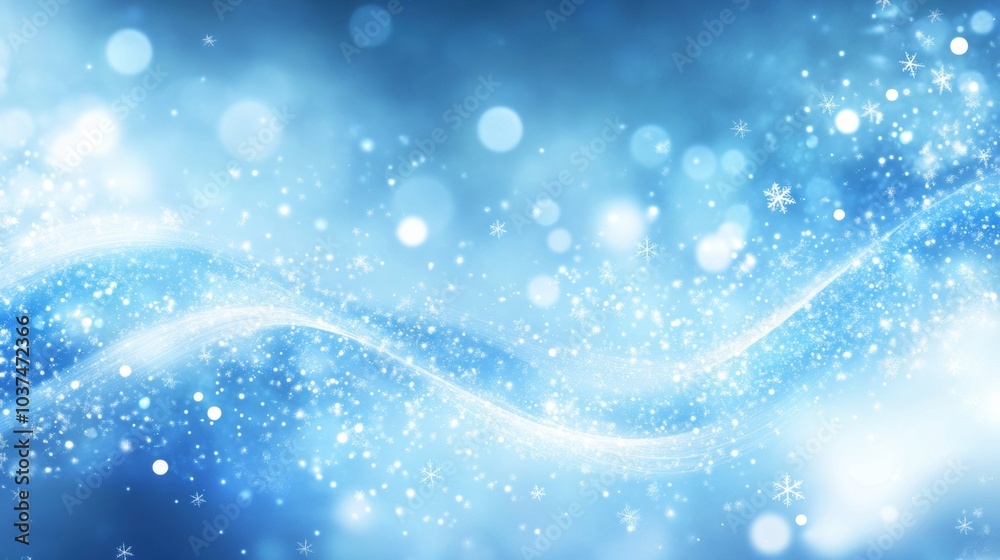 Poster shimmering snowflakes float elegantly against a cool blue backdrop, creating a tranquil winter ambia