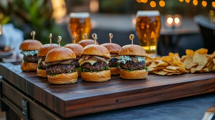 A mouthwatering sliders station featuring mini burgers with gourmet toppings like truffle aioli, caramelized onions, and blue cheese