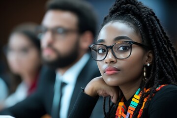 Obraz premium A young woman with glasses attentively listens in a meeting room, wearing an African-inspired necklace, exuding an aura of focus and professional engagement.