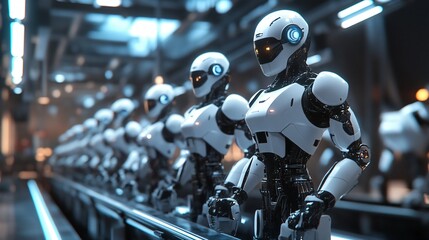 A row of futuristic robots with glowing eyes stand in an assembly line, looking ahead.