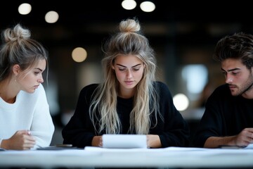 Three young people sit closely around a table, focusing on work with a tablet indoors, highlighting teamwork, collaboration, and modern youthful energy.