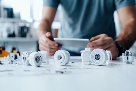 A person examines modern 3D-printed prototypes on a desk, showcasing innovative design and precision in a contemporary workspace setting with a focus on technology.
