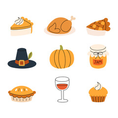 Thanksgiving Elements with Pumpkin, Pie, Chicken, Wine, Hat, Jam, and Festive Symbols Editable Stroke Flat Vector Illustration