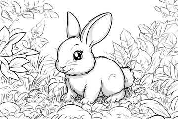 Cute bunny relaxing in a flowery meadow coloring page