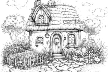 Whimsical thatched cottage with lush garden and stone path illustration