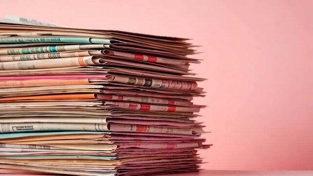 A large stack of newspapers sits on a pink surface