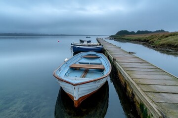 Obraz premium Wooden fishing boats tied up at a lake dock on a cloudy day