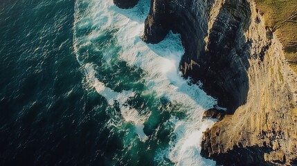Aerial view of the Cliffs of Moher in Ireland, waves crashing against the rugged cliffs