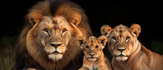 Majestic Lion Family Portrait - Closeup View of Male, Female, and Cub in Warm Golden Light